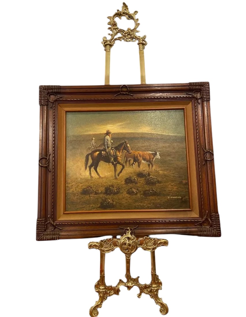 Rider and Horse Oil Painting Roundup by J. Stanford: SIZE:34 IN X29 IN