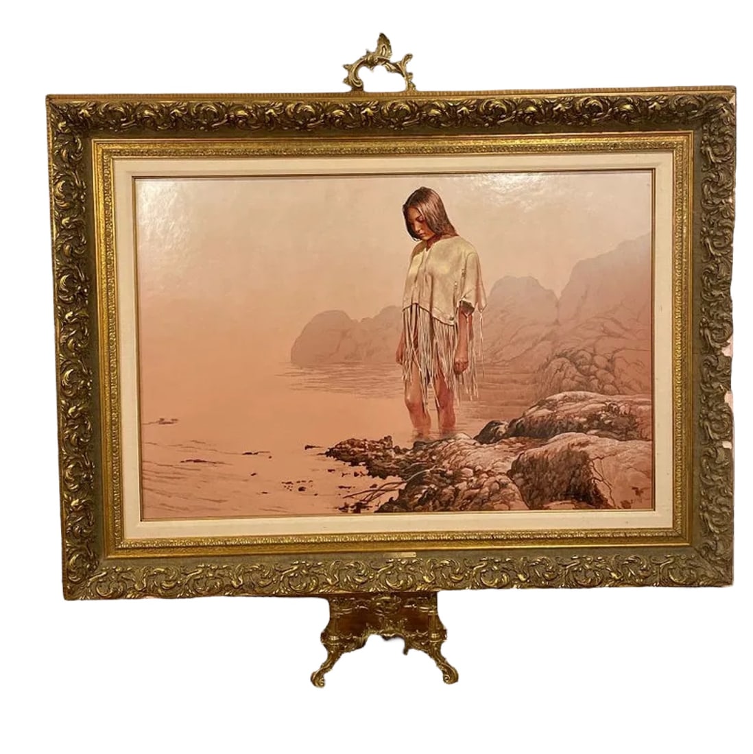 Misty Huge Native Oil Painting by L.B. Porter: SIZE: 61 X 47 IN