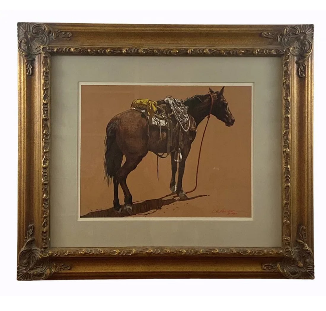 Horse with Saddle by L. B Porter Oil Painting: Painting is protected with glass top.Frame: 30 L x 26 H in -