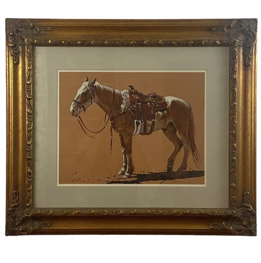 Horse with Saddle by L. B Porter Oil Painting: Painting is protected with glass top.Frame: 30 L x 26 H in -