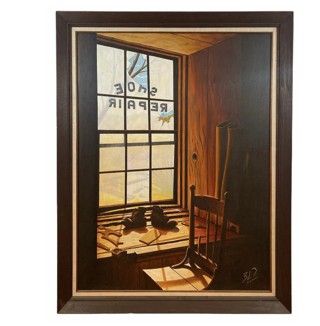XL “Size 9Â” by H. Hayes 1978 - Large Oil Painting: Shoes Repair Store Original Oil Painting on Canvas -Frame: 54 in H x 42 in H - Painting: 48 in L x 36 in H