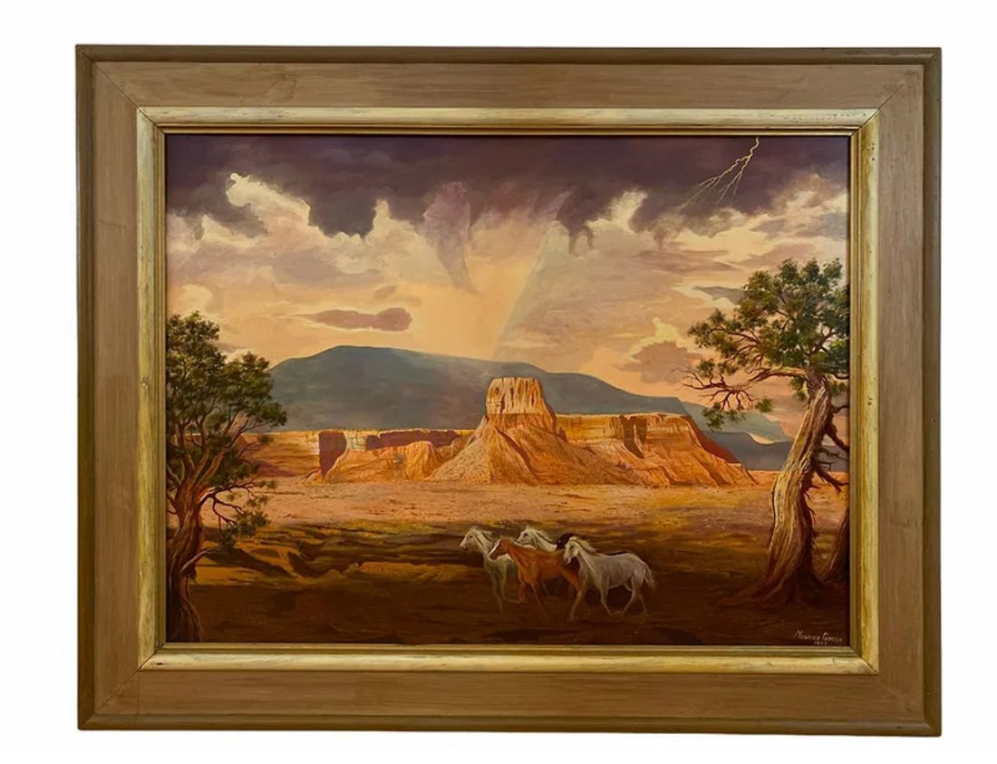 Landscape Wild Horses Oil Painting by Maurice Green: Another impressive work of Maurice Green of Grand Canyon Canvas on Panel -Arizona landscape- Original hand Oil Painting on Panel - Frame 48x 38 in H