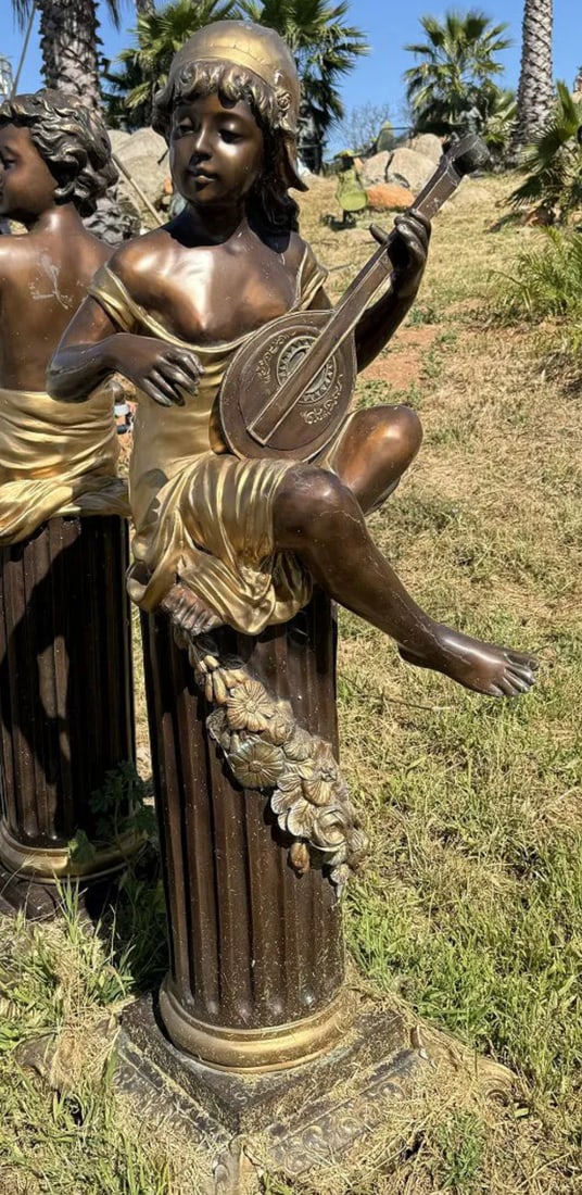 Life Size Bronze Girl with Instrument and Pedestal: Size: 60 in x 25 in x 25 in