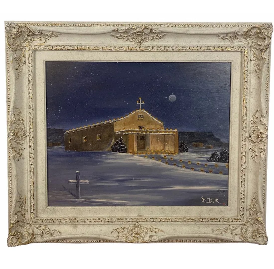 1988 Western Adobe Church Oil Painting by J. Dolk: Frame: 27in H x 23 in L
