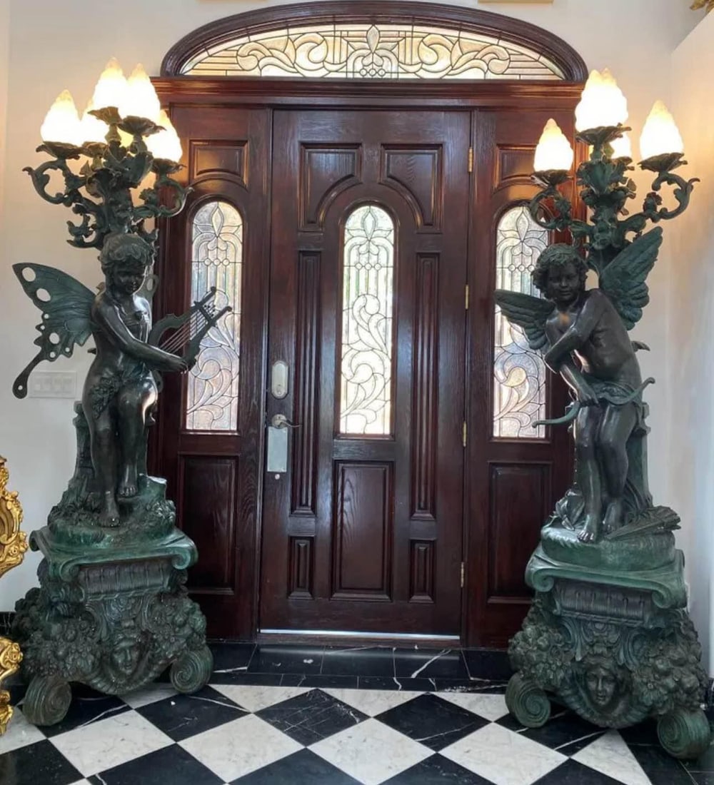 Monumental Fairy and Cherub Floor Bronze Lamps: Size: 105 in x 30 in x 30 in