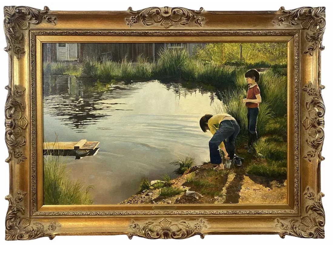 The Pond Oil Painting by Tom Darrah: Frame: 44x 32 in -Painting 35 1/2 x 23 1/2 in - Tom Darrah began his artistic journey at the Pennsylvania Academy of Fine Arts, the Fleisher Art Memorial, and the Hussian School of Art. 