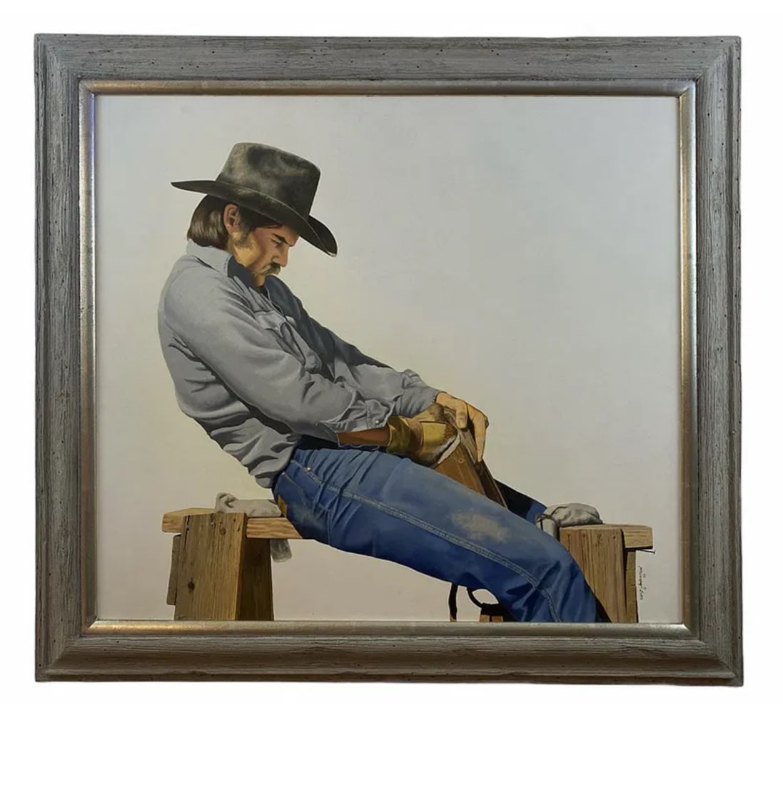 1982 Cowboy Oil on Panel by Walt Johnston: Frame: 37 in x 32 in**** Walt Johnston was a contemporary realist. He looked at everything in the most modern way, saw the underlying abstract form, then brought that vision to a stunning reality as