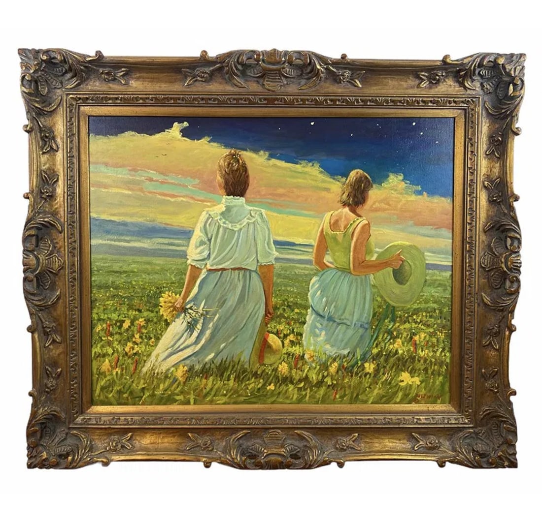 Landscape Women Wezwick Oil Painting: Frame Size: 39 in L x 32 in Painting Size: 29 in L x 23 in H A. THOMAS WEZWICK A. Thomas (Tom) Wezwick is 63 years old and lives just outside Las Vegas, New Mexico. Originally from New York, he has li
