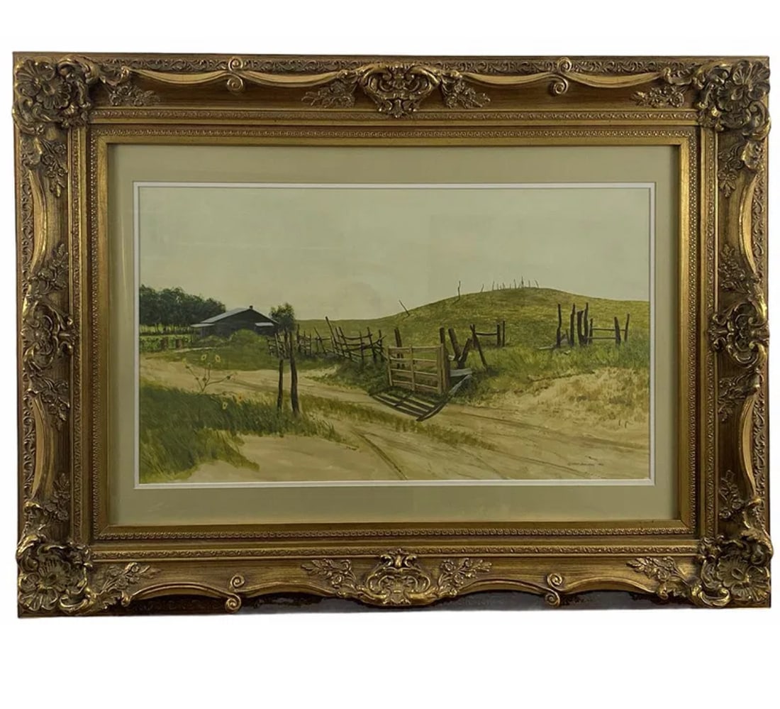 1985 Water Color Landscape Painting by Walt Johnston: Frame: 47 in x 34 in H - Painting: 31 1/2 x 18 in H ***** Walt Johnston ( 1932-2018) was a contemporary realist. He looked at everything in the most modern way, saw the underlying abstract form, then