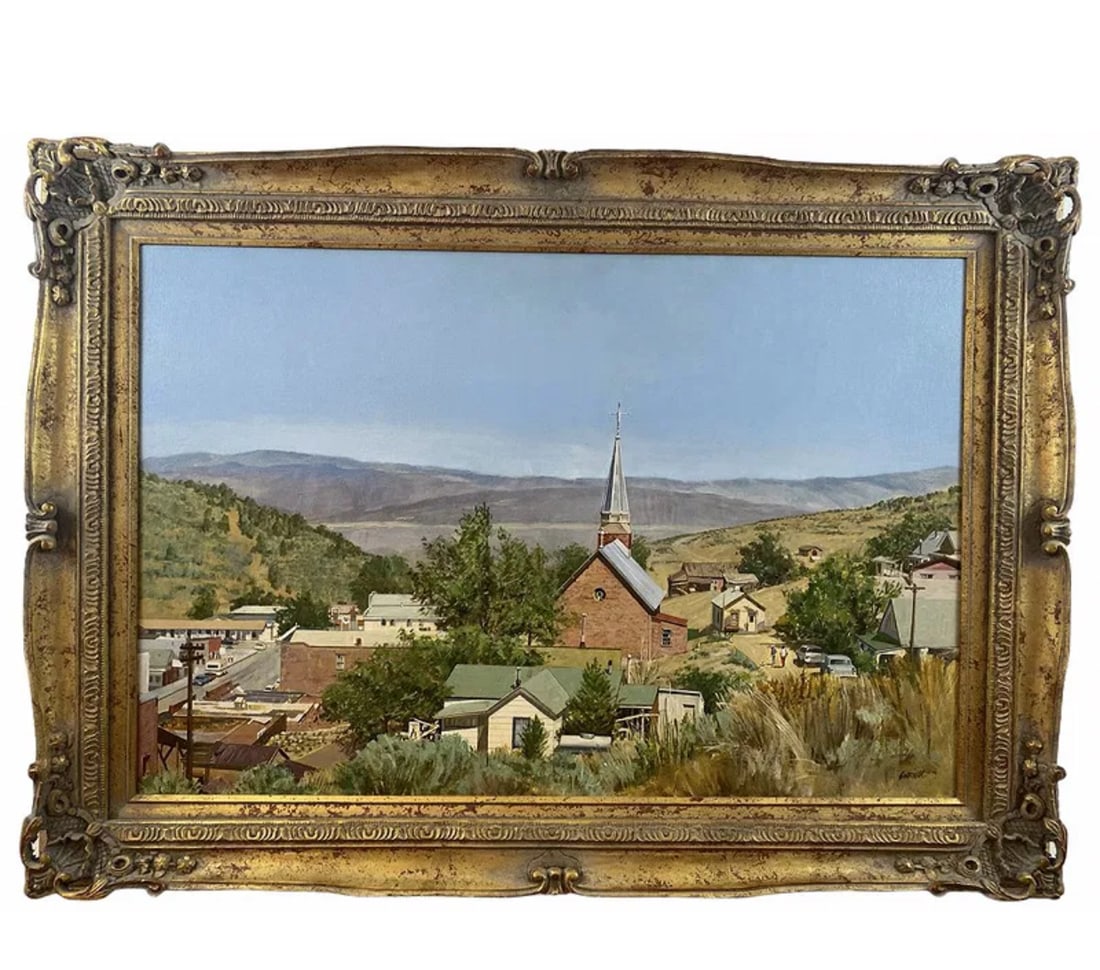 Rural Landscape Church Oil on Panel By Garriot: Frame: 44 in L x 31 in H - Painting: 36 in L x 34 in H **** Gene Garriott (1930-1995)Gene Garriott, realist painter of the rural West, was born in San Francisco, California in 1930 and came to make hi