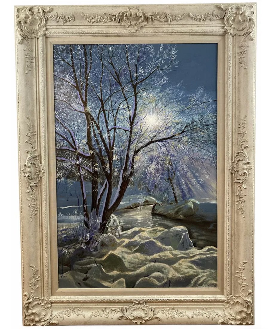 1985 Frozen Assets Oil Painting by Maurice Green: Frame: 46 in H x 34 in L