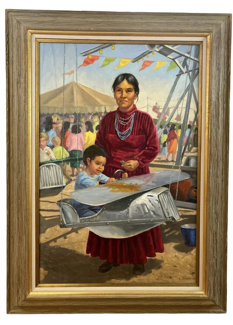 Native Navajo Mother and Baby at the Fair Oil Painting by L. Turner: Frame: 46 in H x 34 in L - Painting: 36 in H x 24 in L ***** Born: 1929 Died: 2004 - Albuquerque, New MexicoKnown for: Pastel painting, commercial artLeona Marie