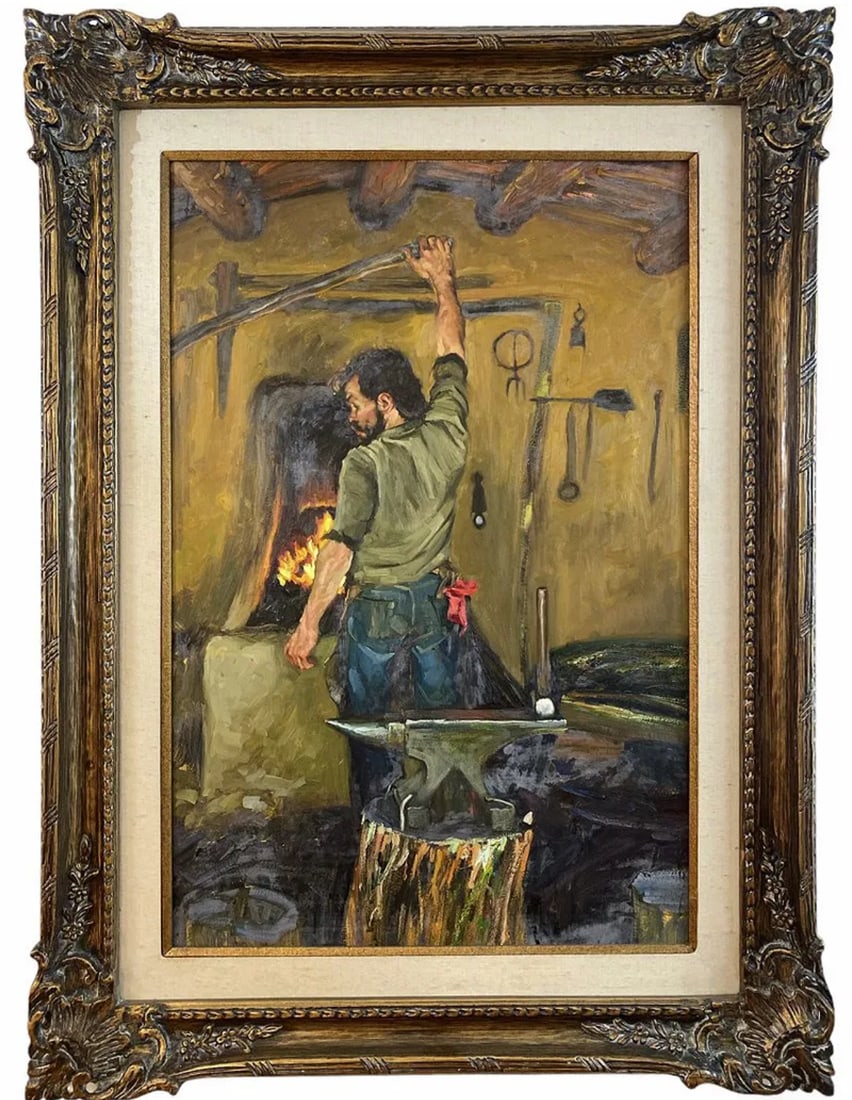 Blacksmith Oil Painting R. Dowell: 47 in x 35