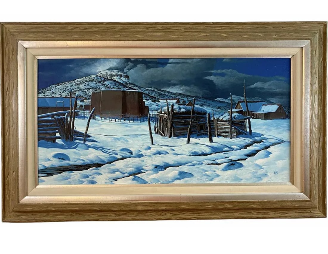 Winter New Mexico Town Oil Painting by Hector Morales: Oil Painting on Canvas - Frame: 51 in L x 31 in - Painting: 40 in L in x 20 in H ***