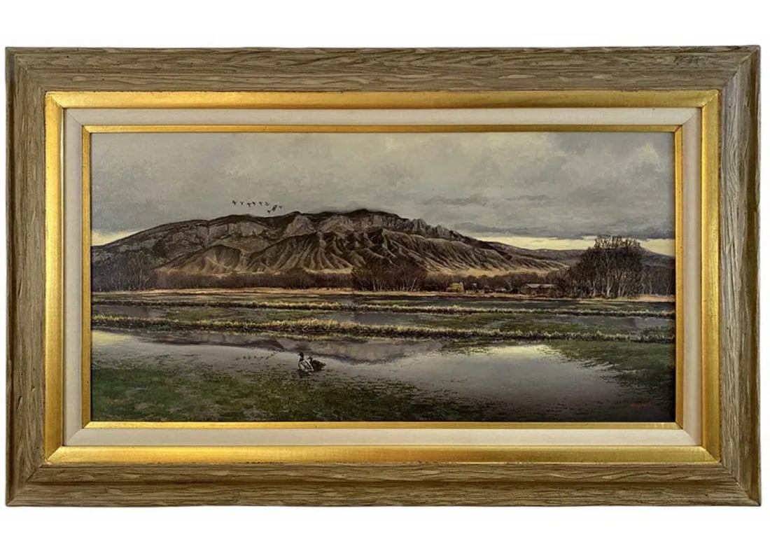 Landscape Mountain and Lake Oil Painting by Hector Morales: Oil on Canvas - Frame 52 in L x 32 in H - Painting: 40 in L x 19 in H ****About HectorHector Moralesspecializes in southwestern art, and has been painting for almost fifty years. His specialities incl