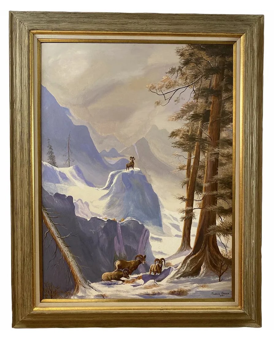 1987 Mountain Landscape Rams Oil Painting by Maurice Green: Ram Family Oil Painting - Frame: 50 in H x 40 in L - Painting: 40 in x 30 - Oil on Panem by famous Albuquerque artist Maurice Green who lived and worked in Albuquerque until he passed in 2000. Its oil