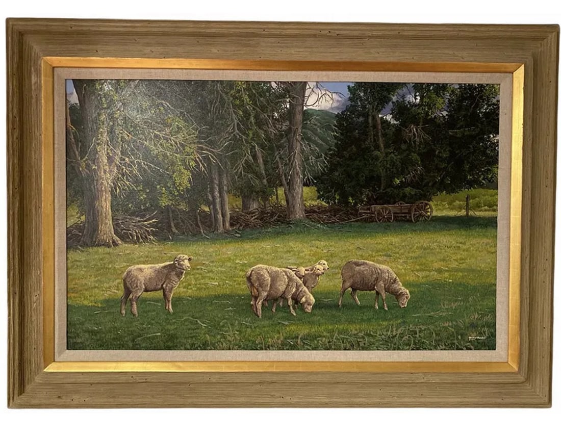 Huge Sheeps Oil Painting by Hector Morales: Frame: 61 in L x 43 in H - Painting: 48 in L x 30In H **** Hector Moralesspecializes in southwestern art, and has been painting for almost fifty years. His specialities include oil and acrylic paintin