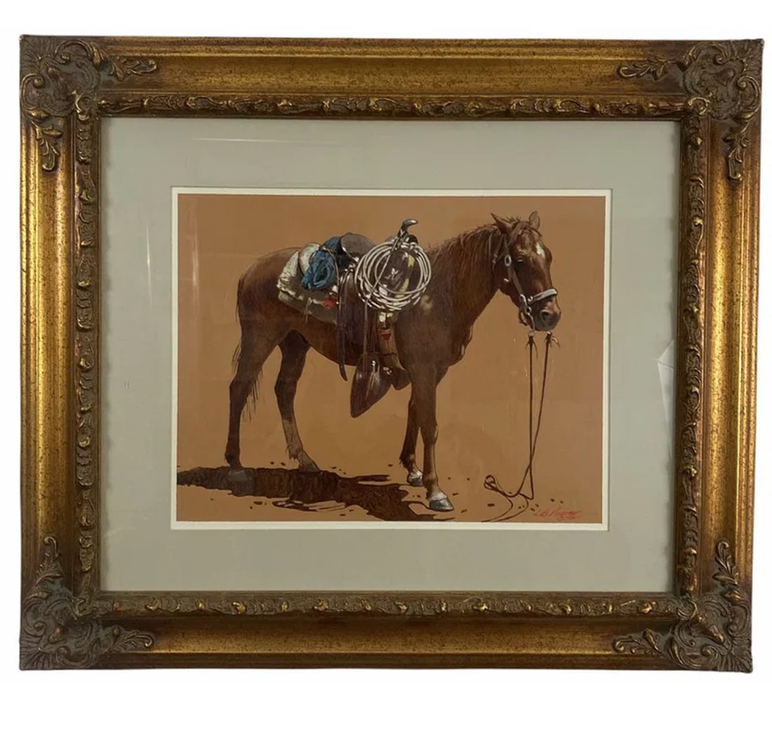 1987 Horse Painting By L. B. Porter: Frame: 30 in L x 26 in H - Painting: 17 in L x 13 in L ******L. b. Porter ** Born: 1929 - El Paso, TexasKnown for: Female nude in western landscape painting, romanticism, decorationName variants: Lawr