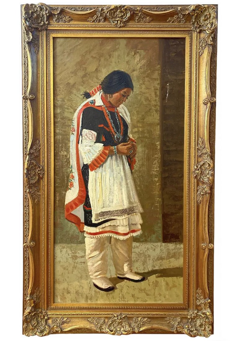 Large Native Indian Oil Painting: Unknown Artist- frame: 58 in H x 45 in - Painting: 47 in H x 23 in H - Has small damage in the top right side (shown in the last picture)
