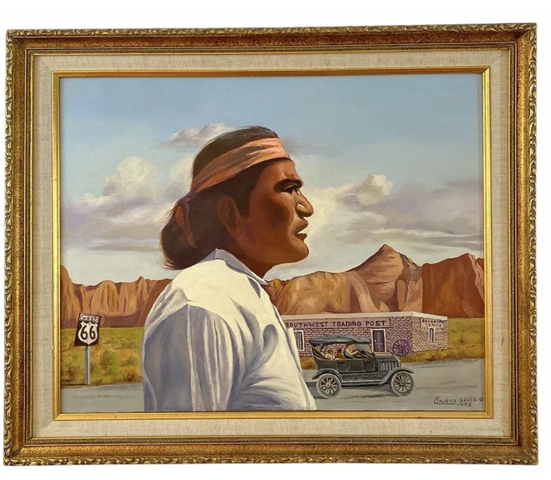 1993 SouthWest Trading Post Oil Painting by Maurice Green: Frame: 24 in L x 20 in H - Painting: 19 1/2 in L x 15 1/2 in H**** Maurice Green Oil on canvas by famous Albuquerque artist Maurice Green who lived and worked in Albuquerque until he passed in 2000. I