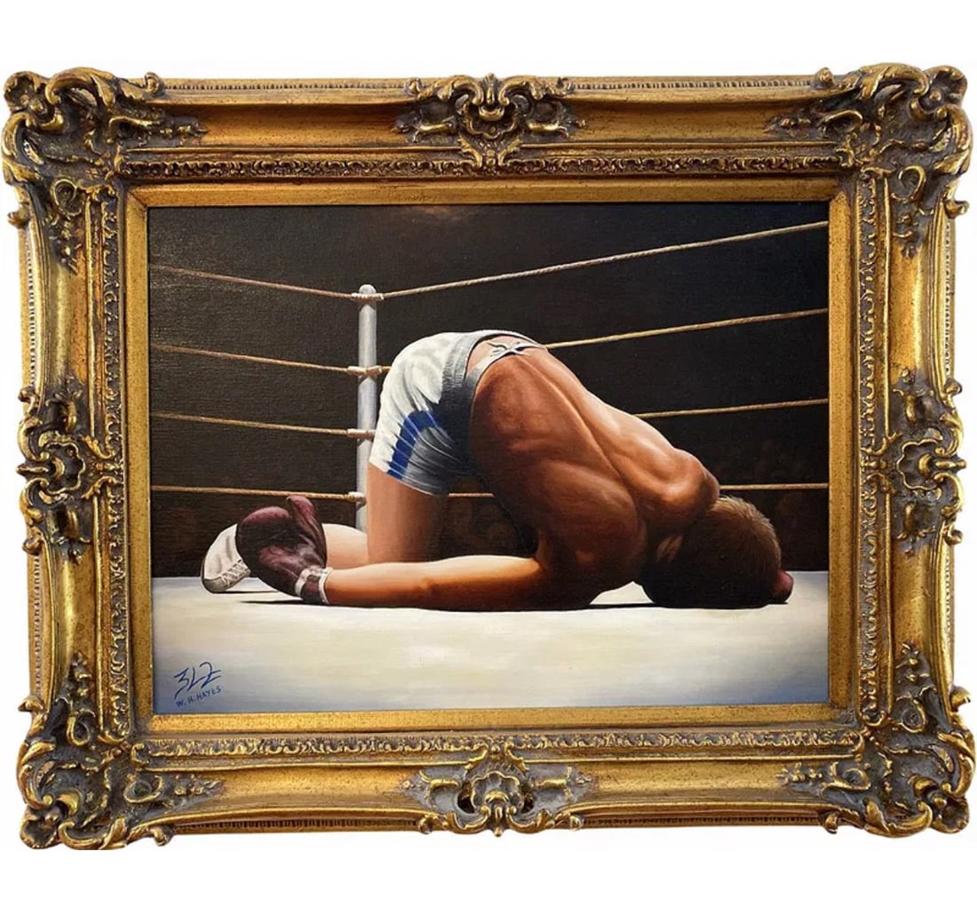 The K.O. Boxer Oil painting By W. H. Hayes: Boxer Oil Painting - Frame: 32 in L x 26 - Painting: 24 in L x 18 in H