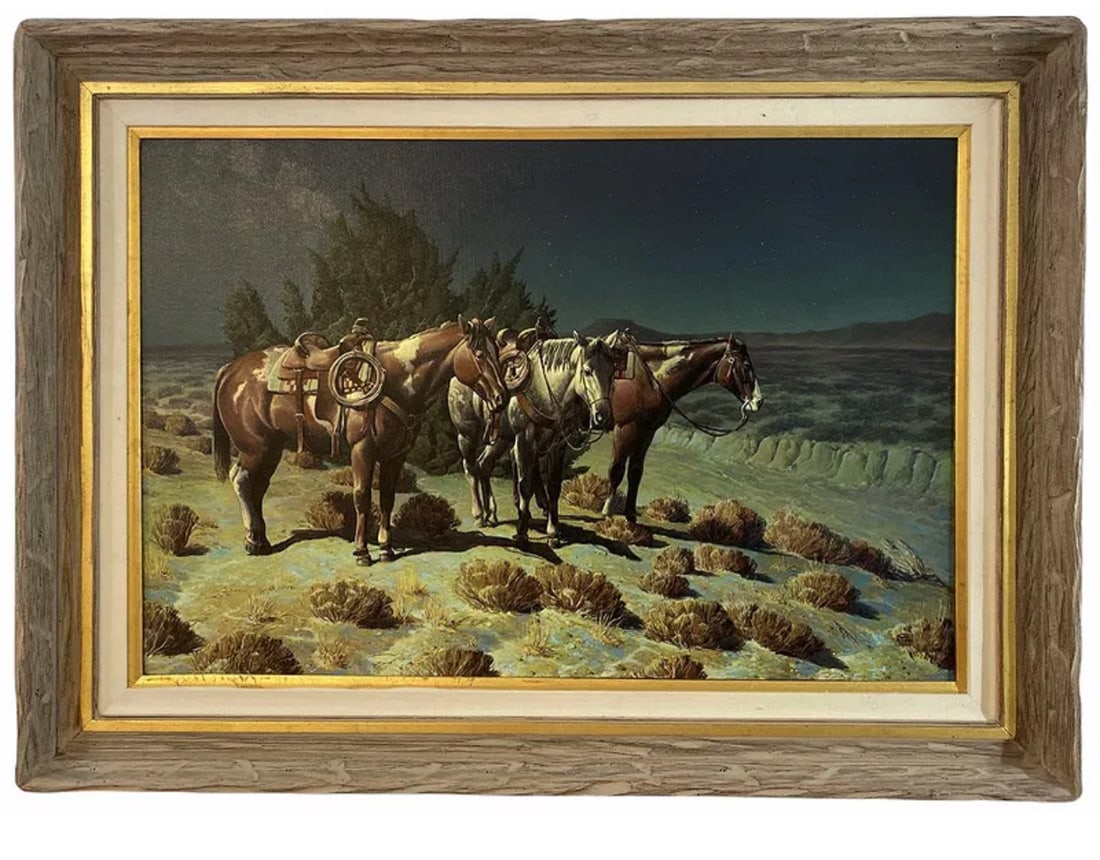 Wainting for Next Day Horses Oil Painting by Hector Morales: ize: 45 in x 35 in
