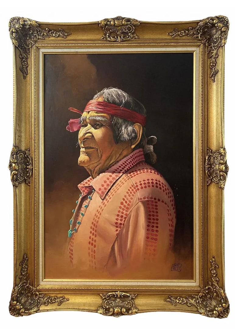 Large Native Man Oil Painting by Hector Morales: Frame: 45 in x 33 in H - Painting: 35 in H x 23 in L **** About HectorHector Moralesspecializes in southwestern art, and has been painting for almost fifty years. His specialities include oil and acry