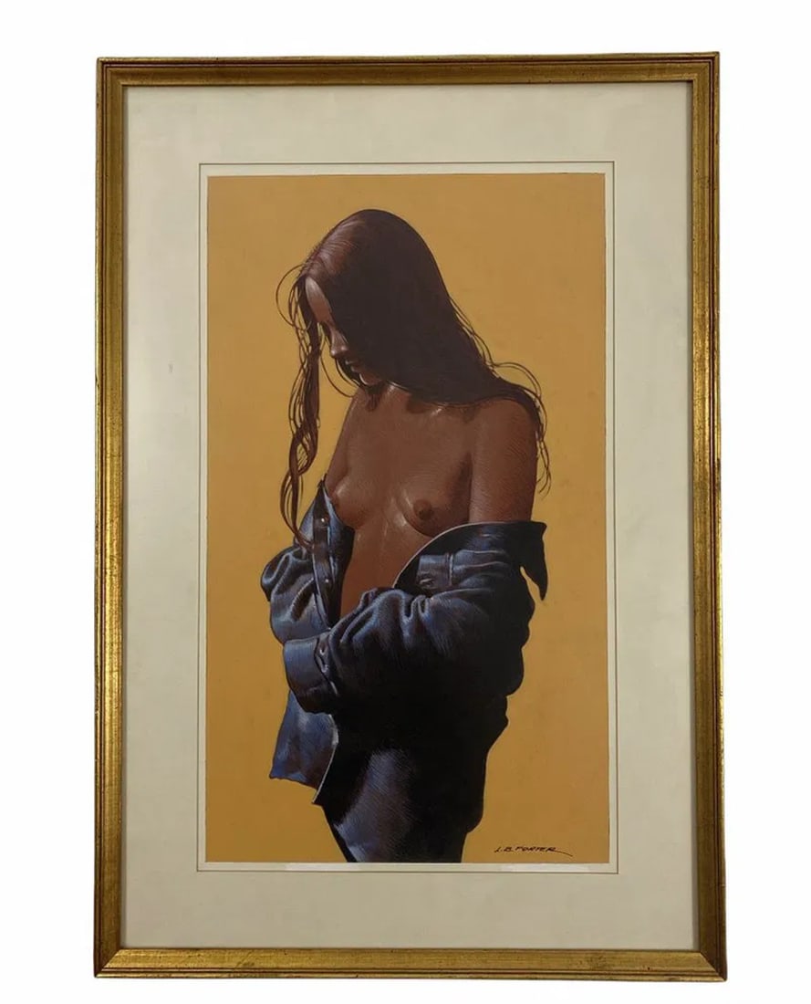 Work Shirt Semi Nude Oil Painting by Lawrence B. Porter: Frame size: 25 in H x 17 in H
