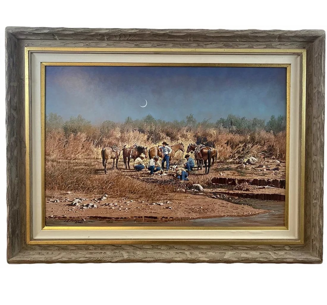 Coffee Break Oil Painting by L. B. Porter: Frame: 46 in L x 34 1/2 in H - Painting: 36 in L x 24 in H ***** -L.B. Porter- Well-known Southwestern artist L.B. Porter died May 18, 2021. Born Lawrence Benjamin Porter on March 3, 1929 in Friona, T