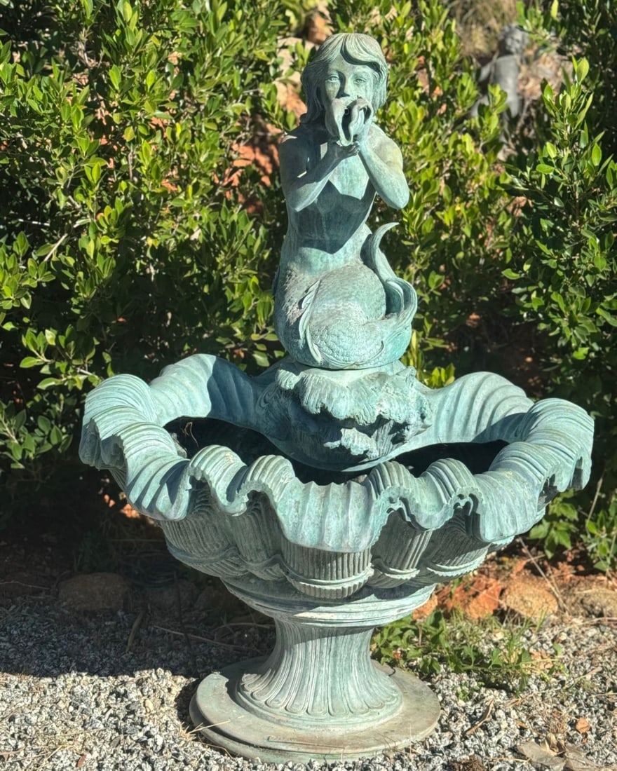 Large Bronze Mermaid Fountain Sculpture: size: 60 in tall- Some Patina due to the age.