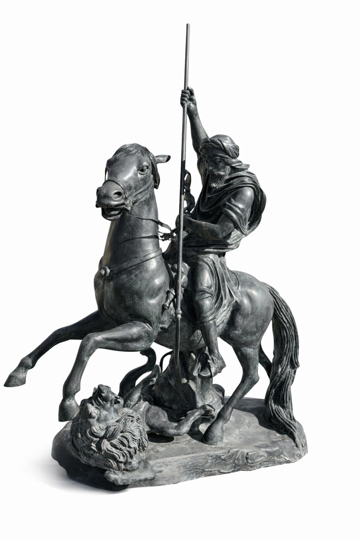 Large Bronze Warrior Triumphing Over the Lion Sculpture: Size: 60 in H x 49 in L - A dramatic bronze sculpture depicting a mounted warrior in mid-battle atop a rearing horse. The rider, dressed in flowing robes and a turban-like headdress, raises a long spe