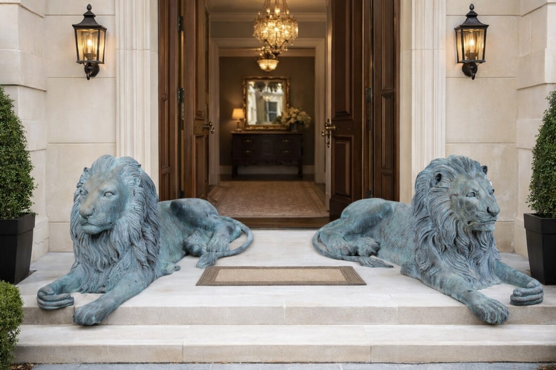 Grand Pair of Reclining Guardian Bronze Lions Sculptures: Size:50 in x 23 in x 19 in An impressive pair of reclining guardian lions crafted in bronze with a rich verdigris patina, positioned symmetrically at the entrance to create a grand and luxurious welco