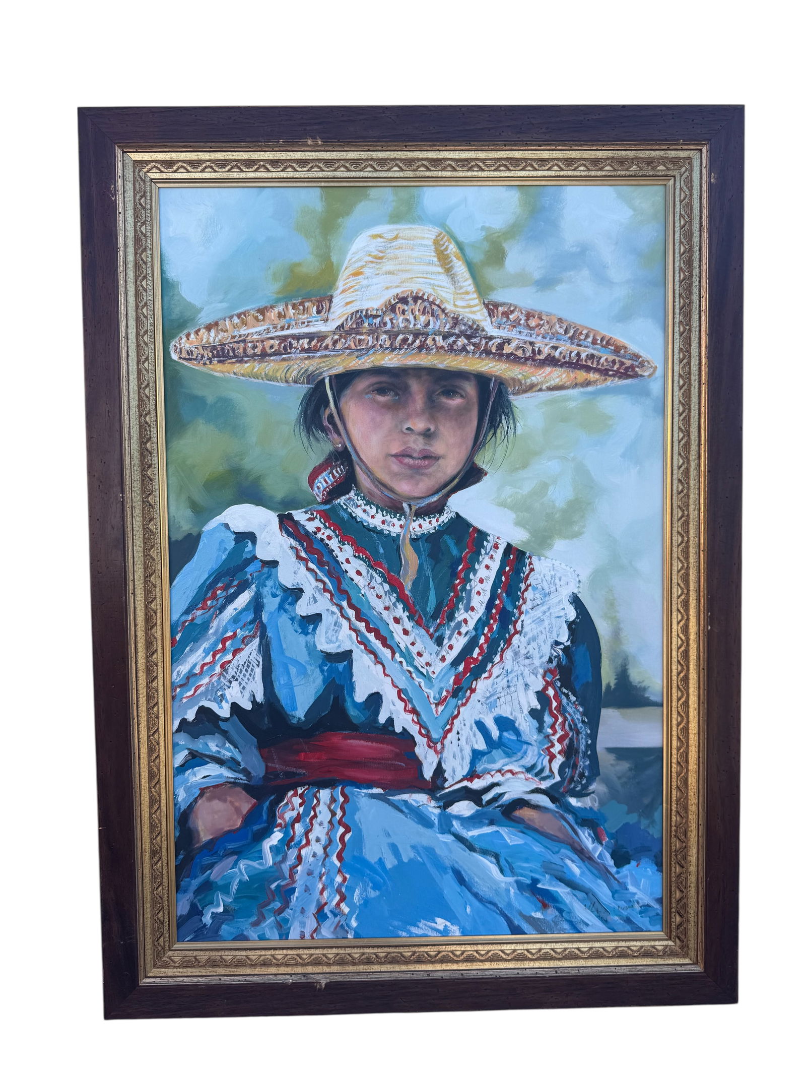 Folklor Mexican Girl Oil Painting Signed: Size:41 in x 30 in