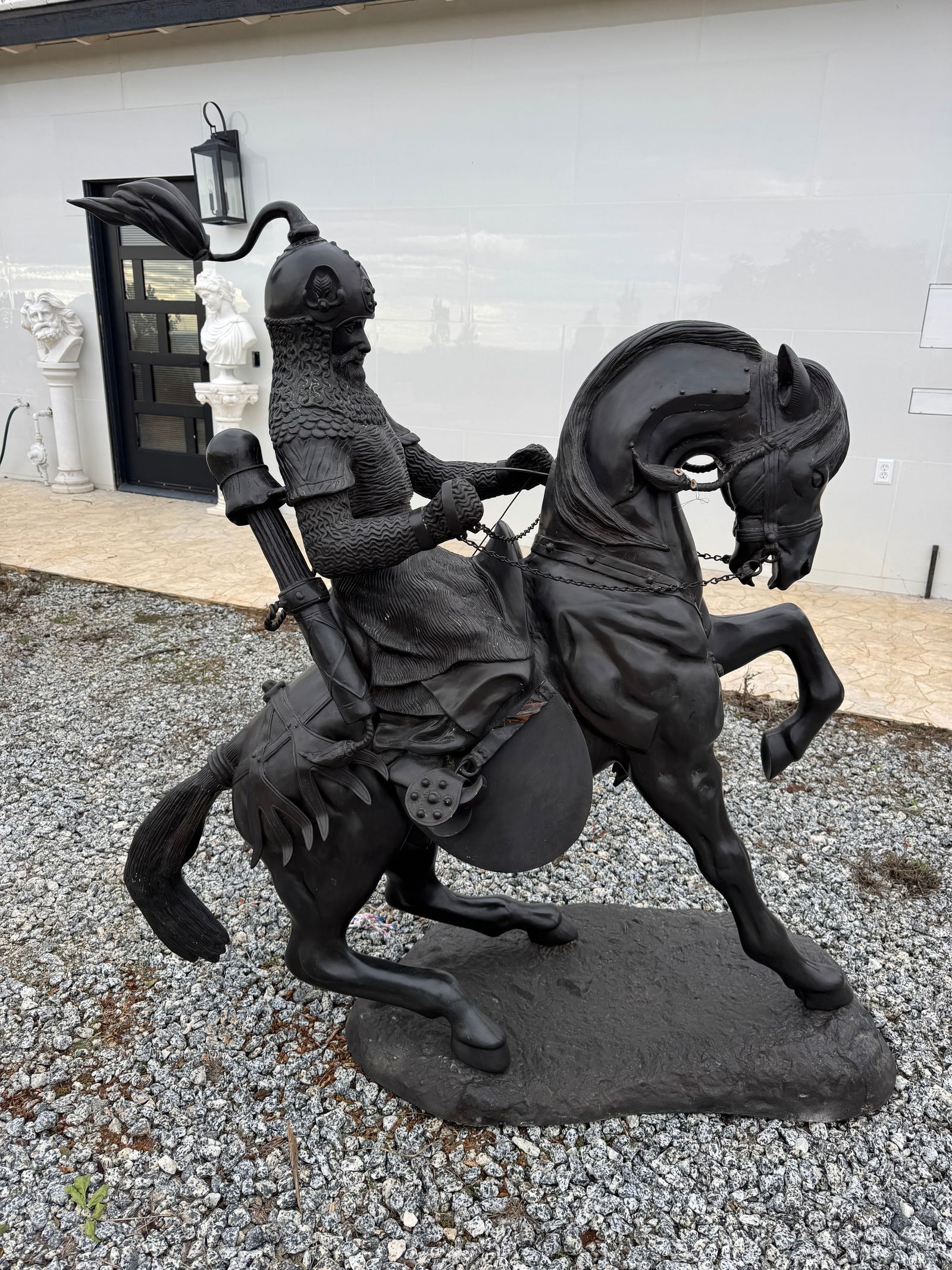 Large Rider and Horse Bronze Sculpture: Aprox Size: 60 in x 56 x 25 in