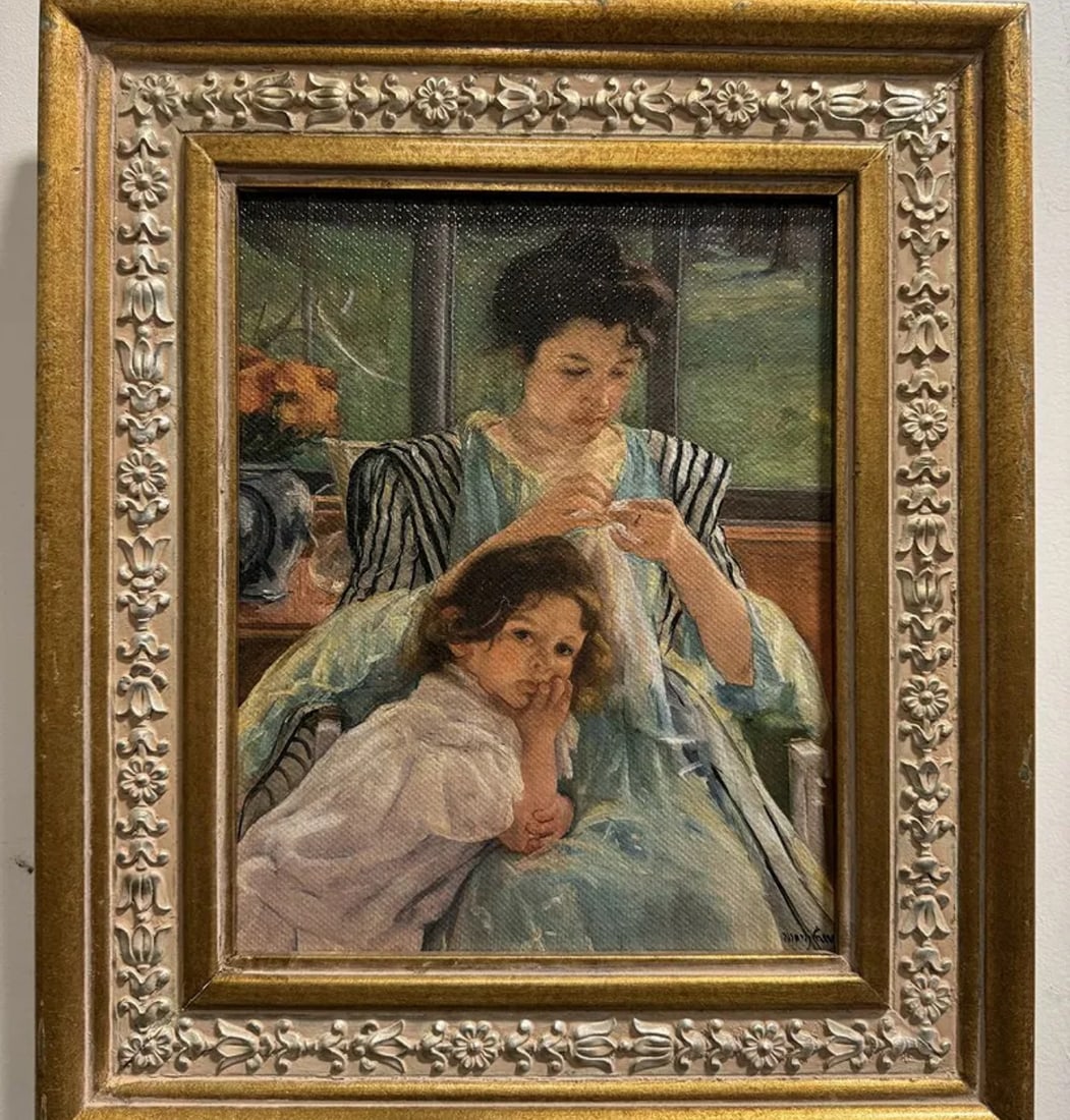 Young Mother Sewing Lithograph: Size:15 inx 13 in