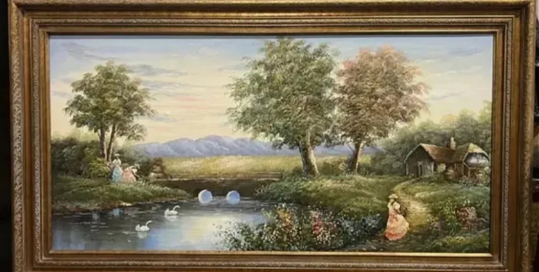Large Landscape Girls by the Lake by C. Manning: Size:56 in x 32
