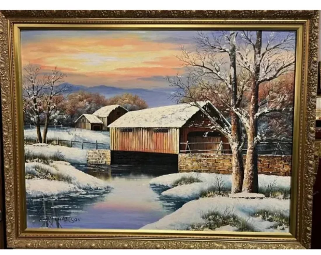 Large Landscape Cabins Snow Oil Painting by K. Michealson: Size:55 in x 42 in