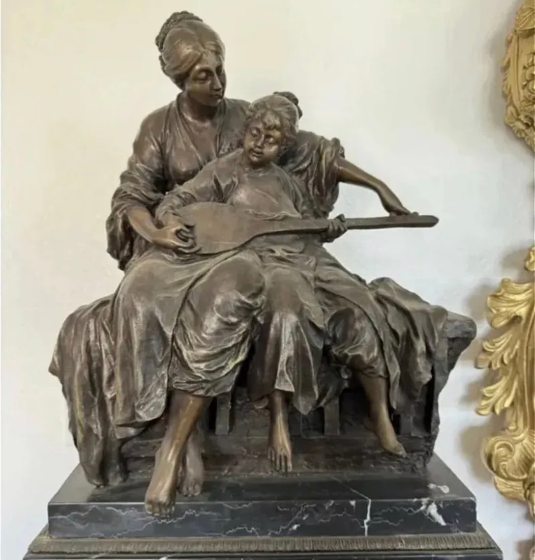 Mother and Child Playing Mondolin Bronze Sculpture: Size: 20 in x 16 in x 8