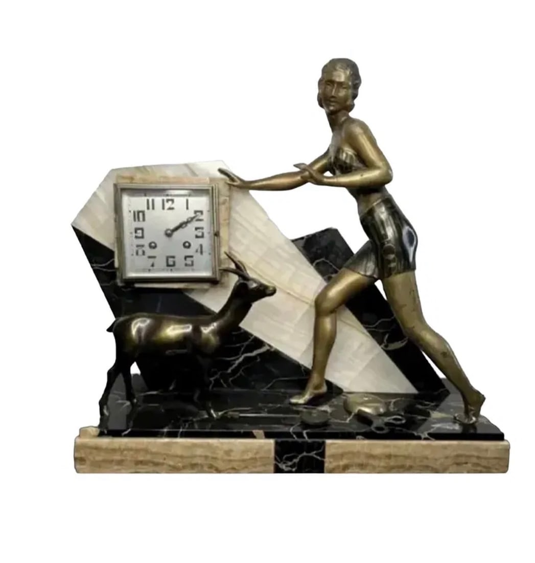 French Art Deco Bronze Clock Sculpture: Size: 17 in x 17 in x 6 in
