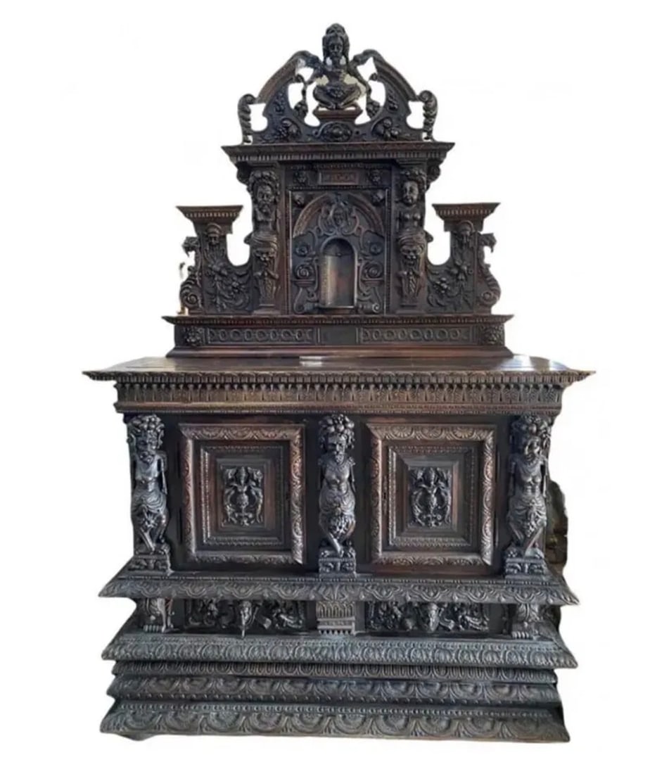 1769 Antique French Renaissance Carved Walnut Cabinet: MADE IN FRANCE