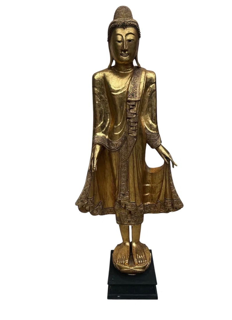 Life Size Standing Buddha Wood Sculpture: Size: 77 in H