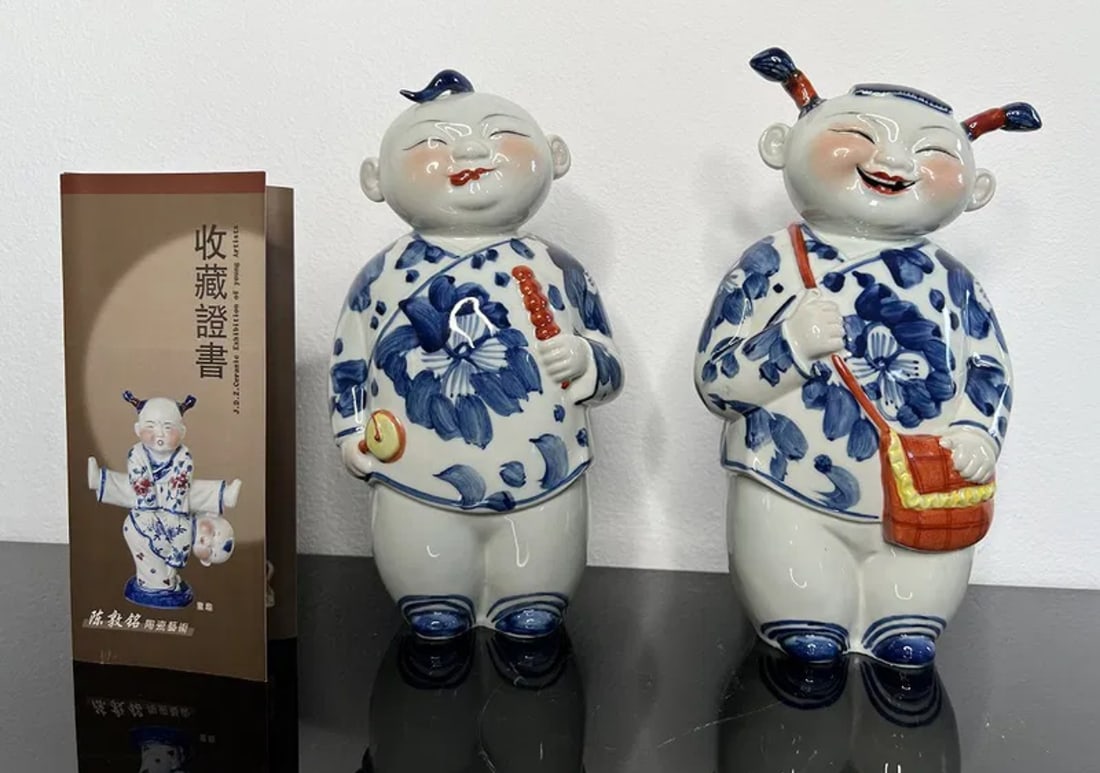 Chinese Porcelain Kids Figurines Signed: Size:11 in x 5.5 in