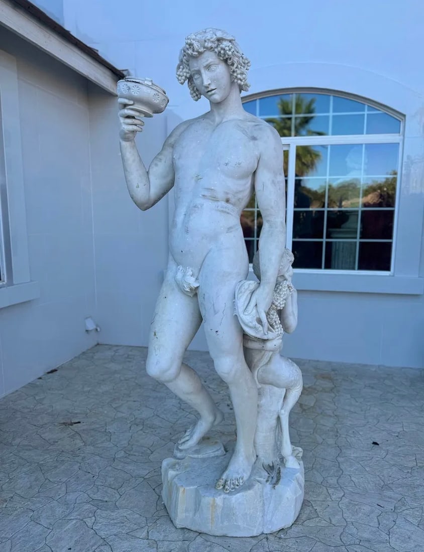 19Th CENTURY Over Life Size Italian Marble Statue of Bacchus: Size: 80 in x 35 in