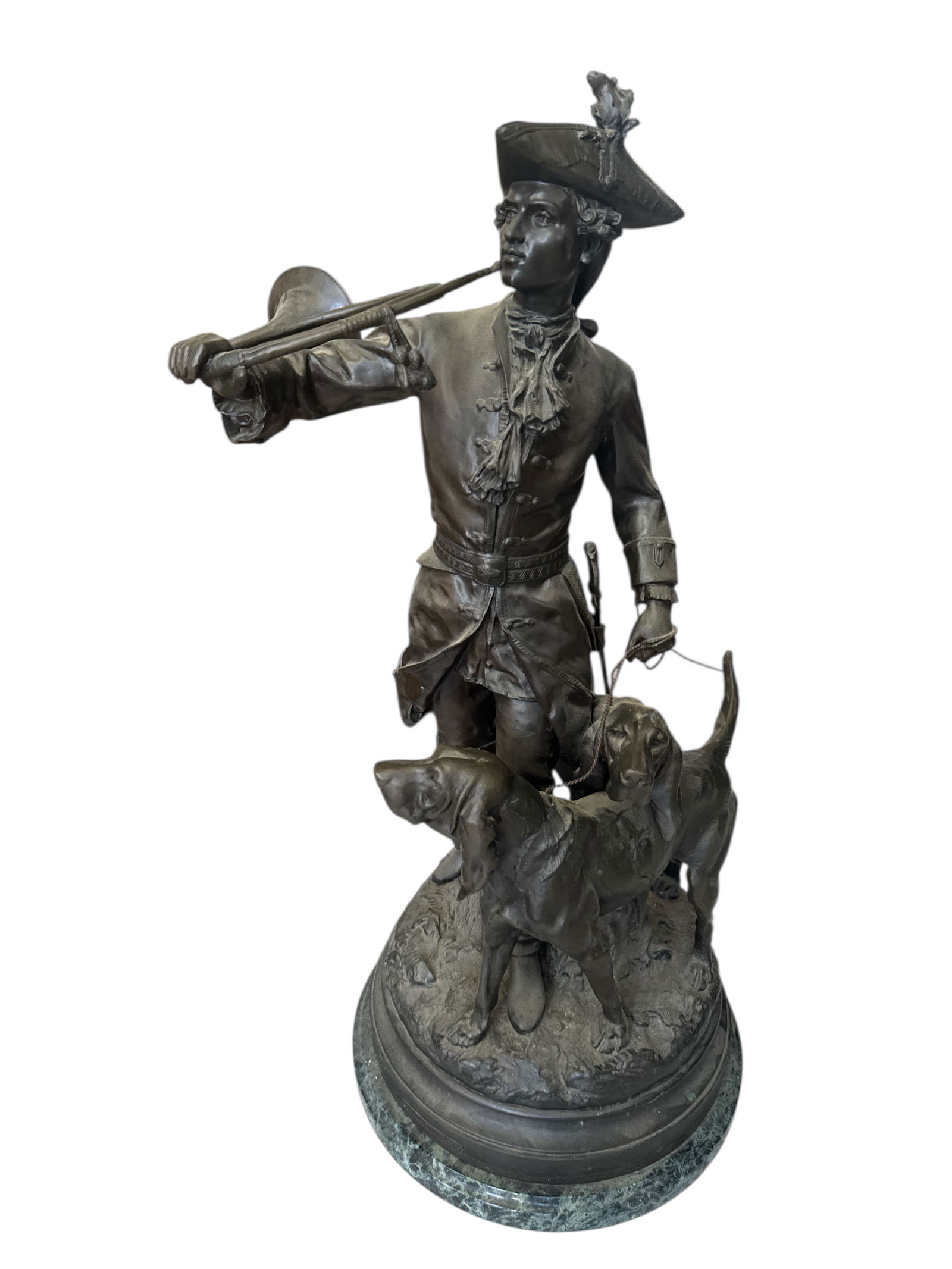 Large Hunter with Horn and Hounds Dogs Bronze Sculpture: Size:34 in x 18 in