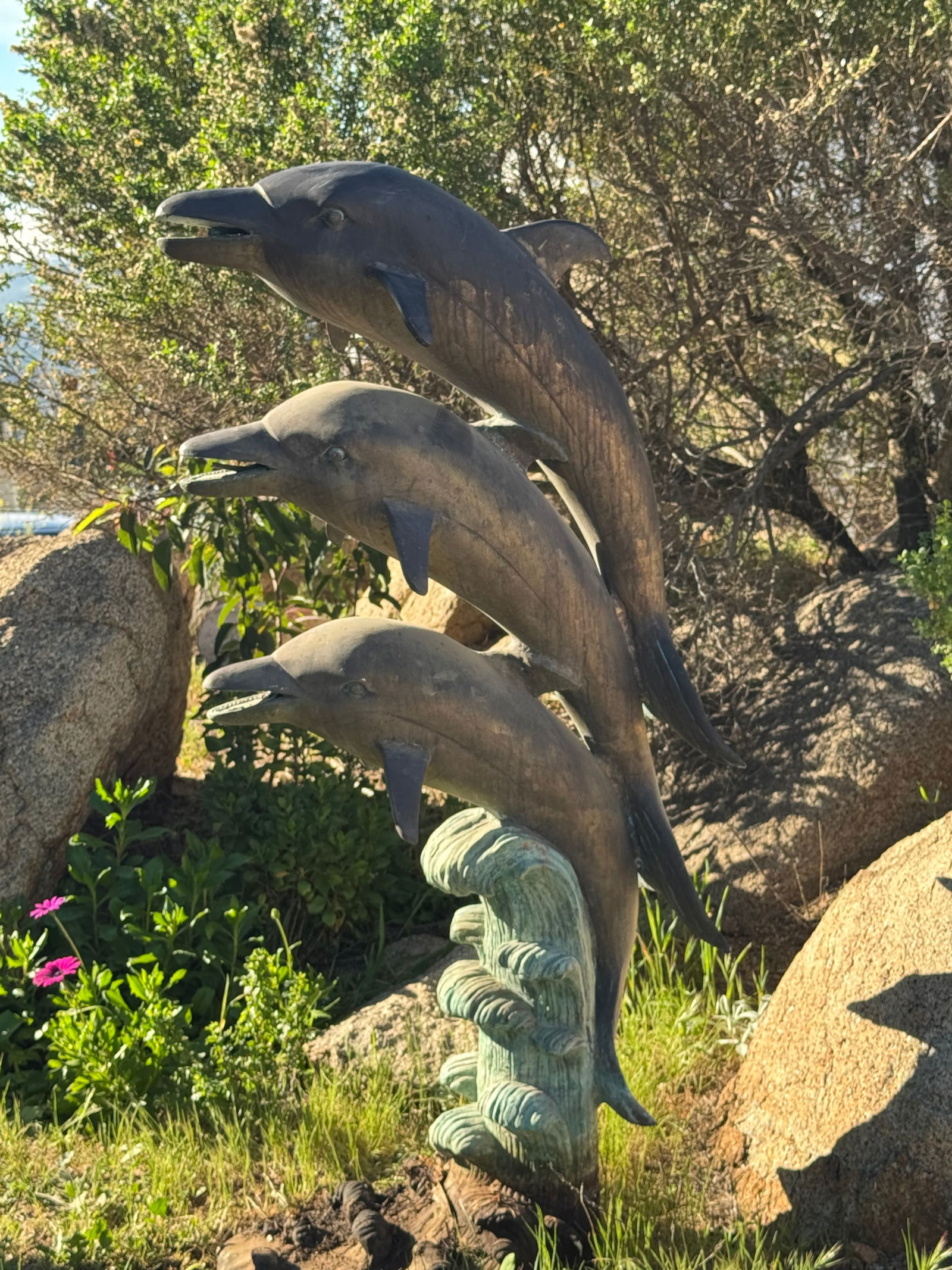 Large Three Bronze Dolphin Fountain: Size: 48 in H x 25 in