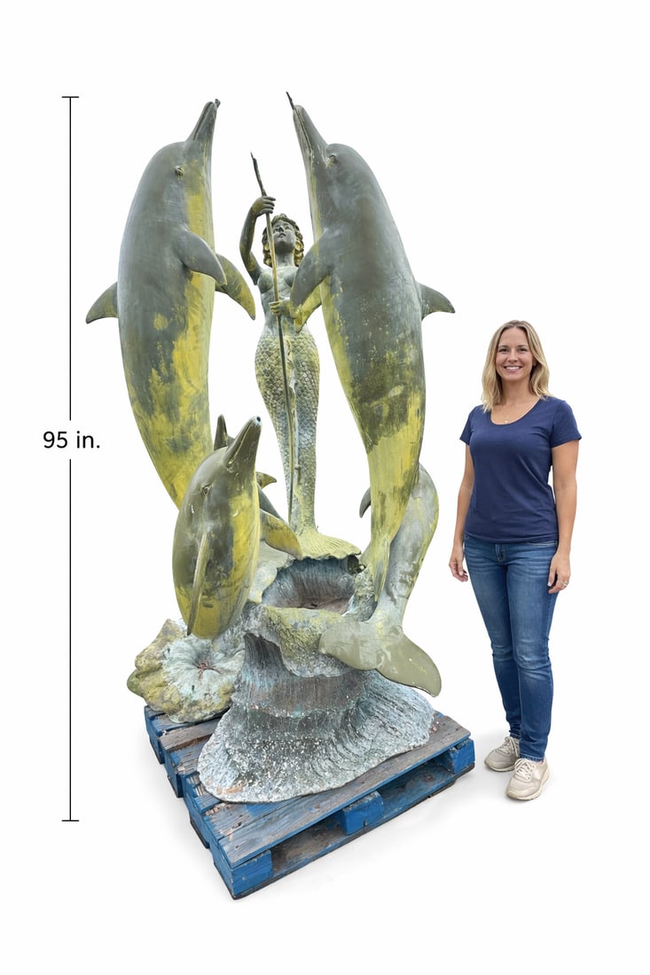 Life Size Bronze Dolphins and Mermaid Fountain Sculpture: Size: 95 in H