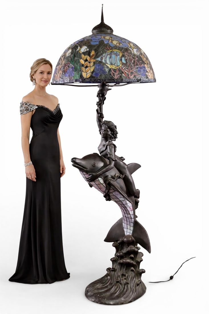 Monumental Bronze Tiffany Style Lamp: Size: 83 in H x 28 diameter