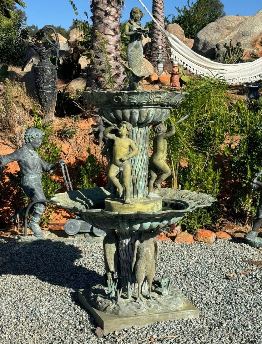 Large Mermaid, Cherubs and Swans Bronze Sculpture Fountajn: Size: 80” tall x 45 diameter