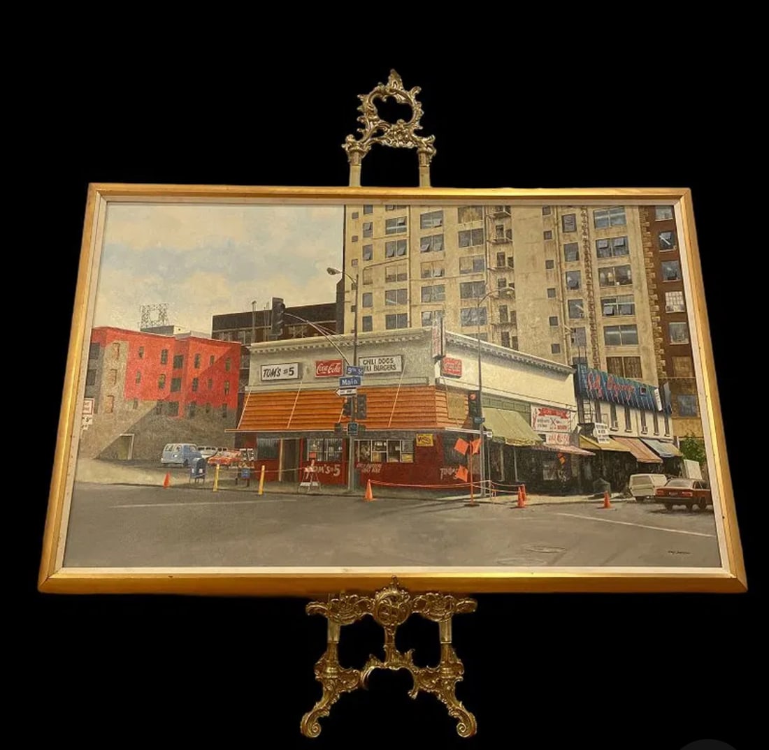 Walt Johnston Authentic Oil Painting: Signed - Oil on Panel -Framed Measurements: 60 in x 38 in - Actual Size of the Painting: 55 1/2 by 33 1/2-Portrayed of 1970/1980 downtown Los Angeles Main And 9th Street by WALT JOHNSTON.