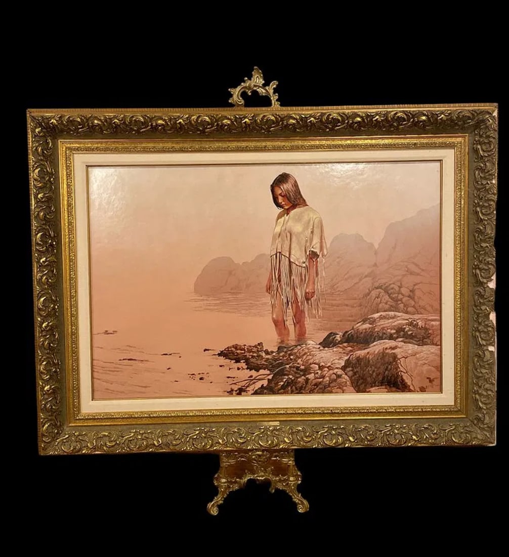 Misty Huge Native Oil Painting by L.B. Porter: Size:47x 38 in